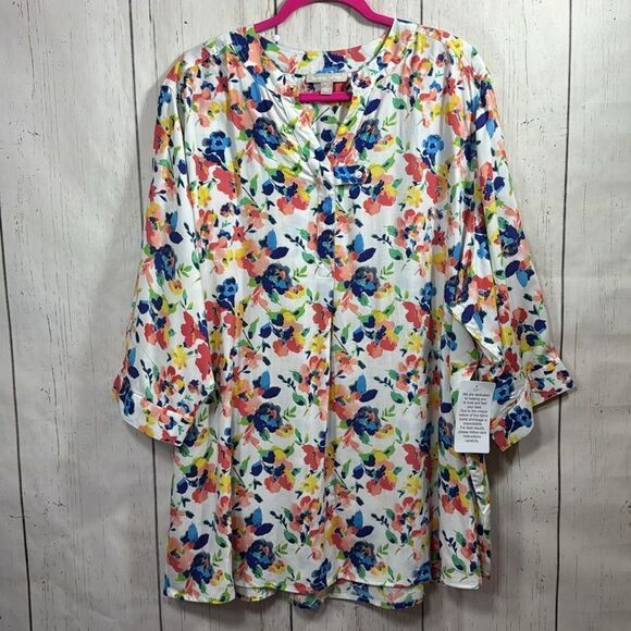 Woman Within Womens Plus Quarter Sleeve Tab Front Floral Flowy Tunic Blouse - Picture 5 of 16